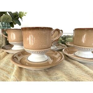 Seven 1980's Seville Denby Langley cup saucer tan cream England‎ Stoneware VTG